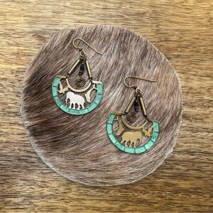 Turquoise and Brass Elephant Hoop Earrings - Boho Women Jewelry